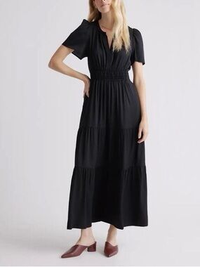 Quince Black Tiered Short-Sleeve Midi Dress with Smocked Waist